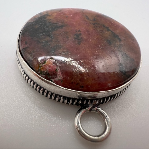 Silver Plated Round Rhodonite Necklace Pendant - Picture 2 of 3